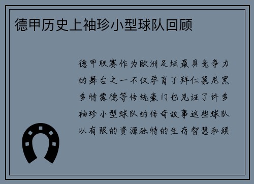德甲历史上袖珍小型球队回顾