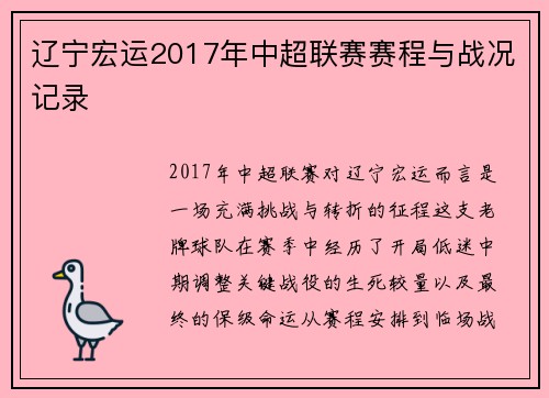 辽宁宏运2017年中超联赛赛程与战况记录